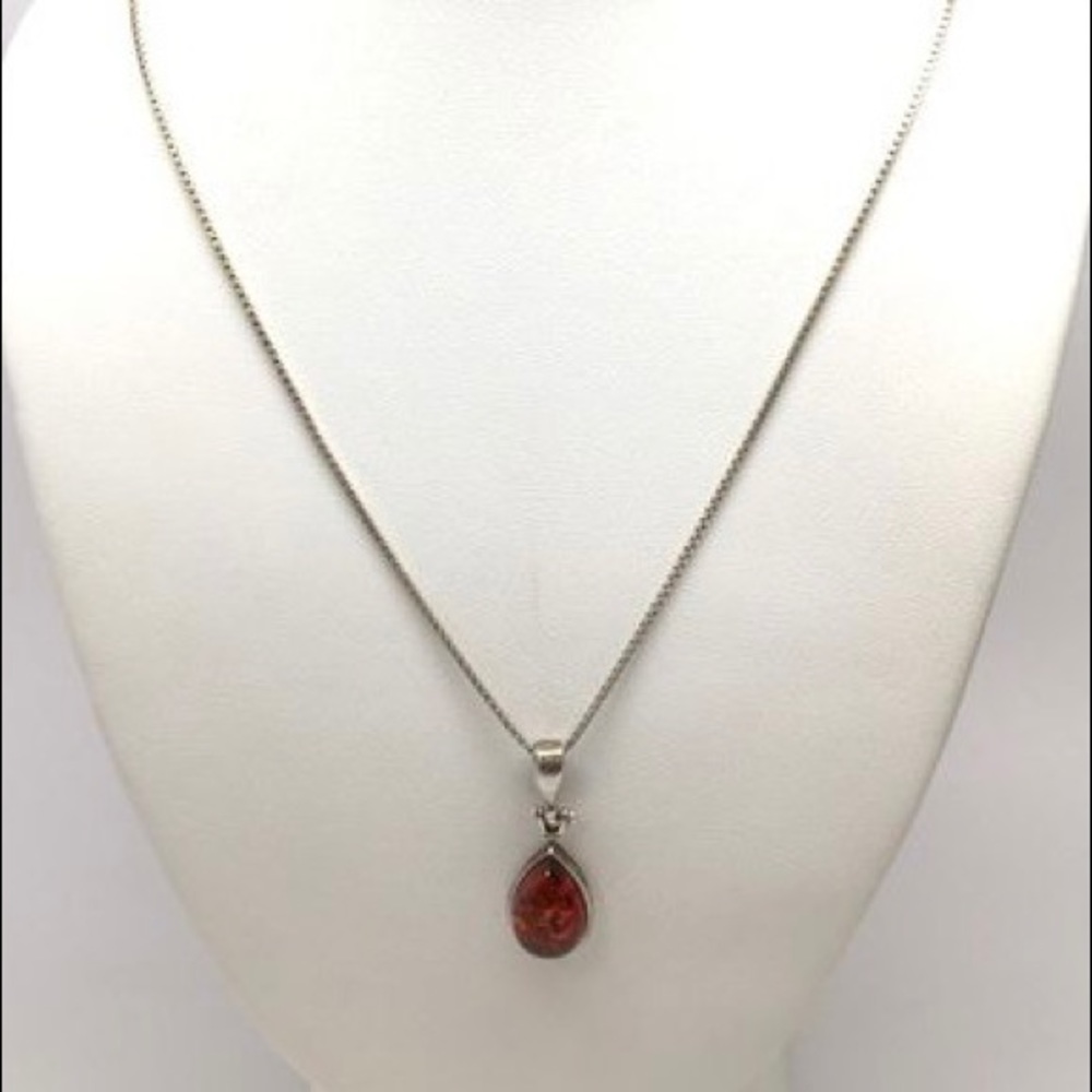 Sterling Amber/Resin Tear Drop Pendant Necklace
